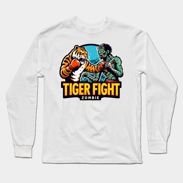 Tiger vs Zombie Fight Long Sleeve T-Shirt by Rawlifegraphic